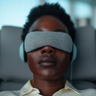 Young woman is undergoing a therapy session, wearing headphones and an eye mask, while sitting comfortably in a chair